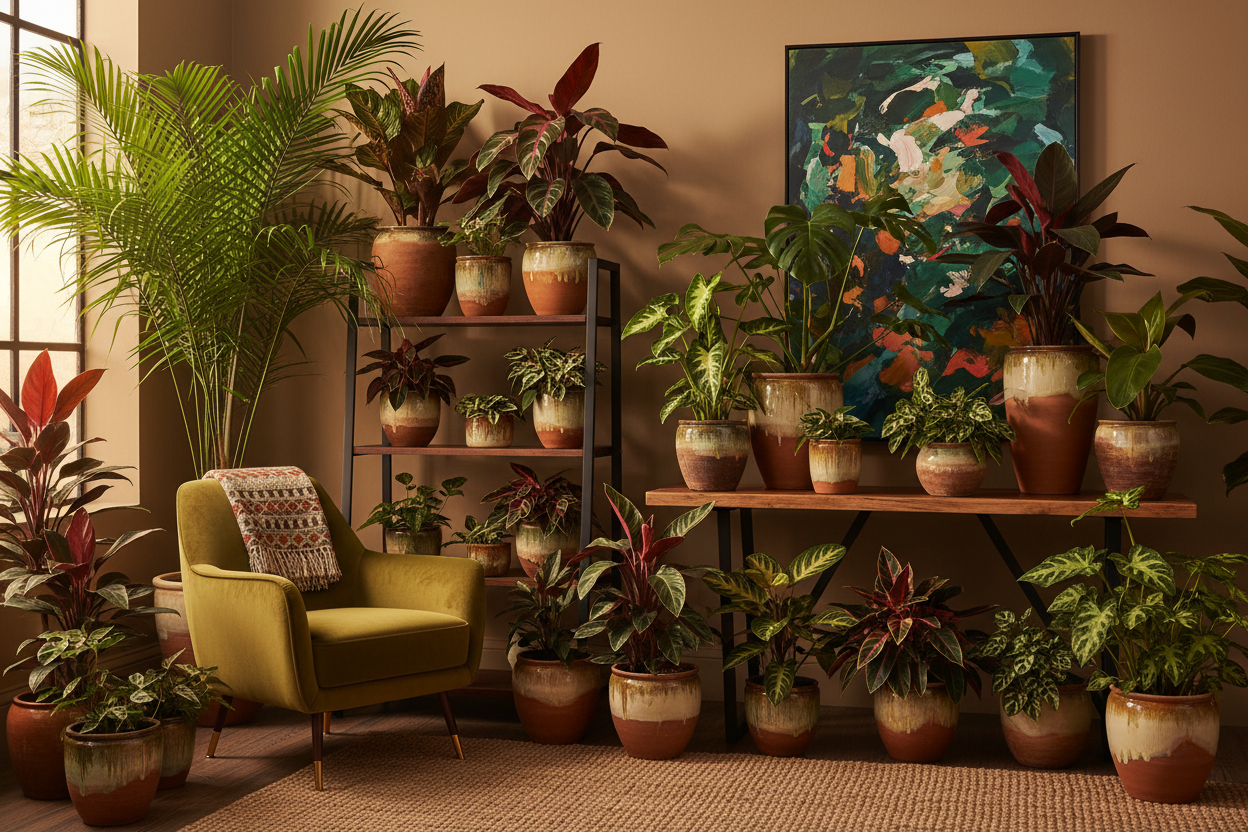 Colorful yet sophisticated botanical interior with lush tropical plants in terracotta pots